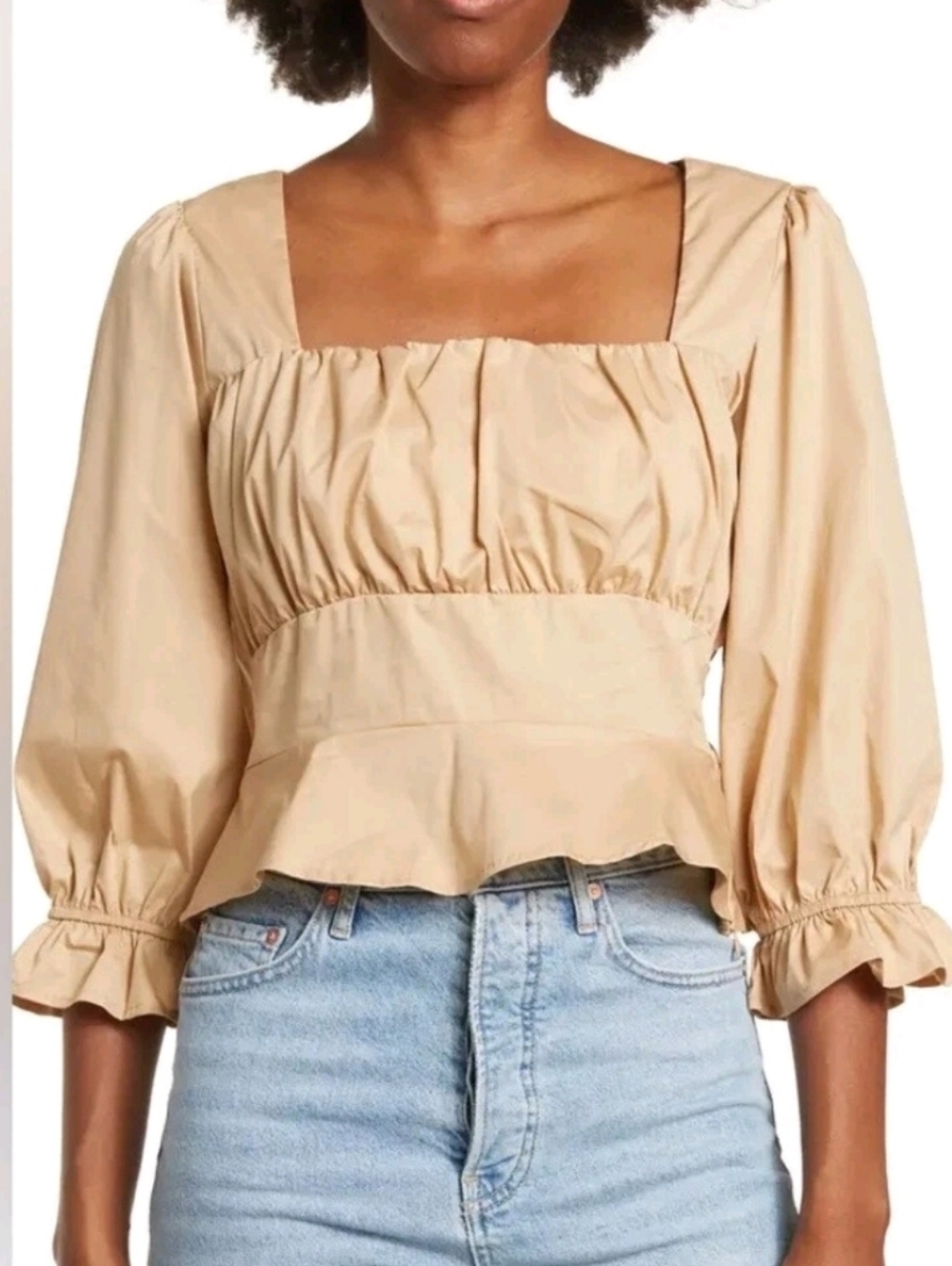 The Good Jane Square Neck Ruched 3/4 Sleeve Peasant Top XS Tan Puff Sleeves